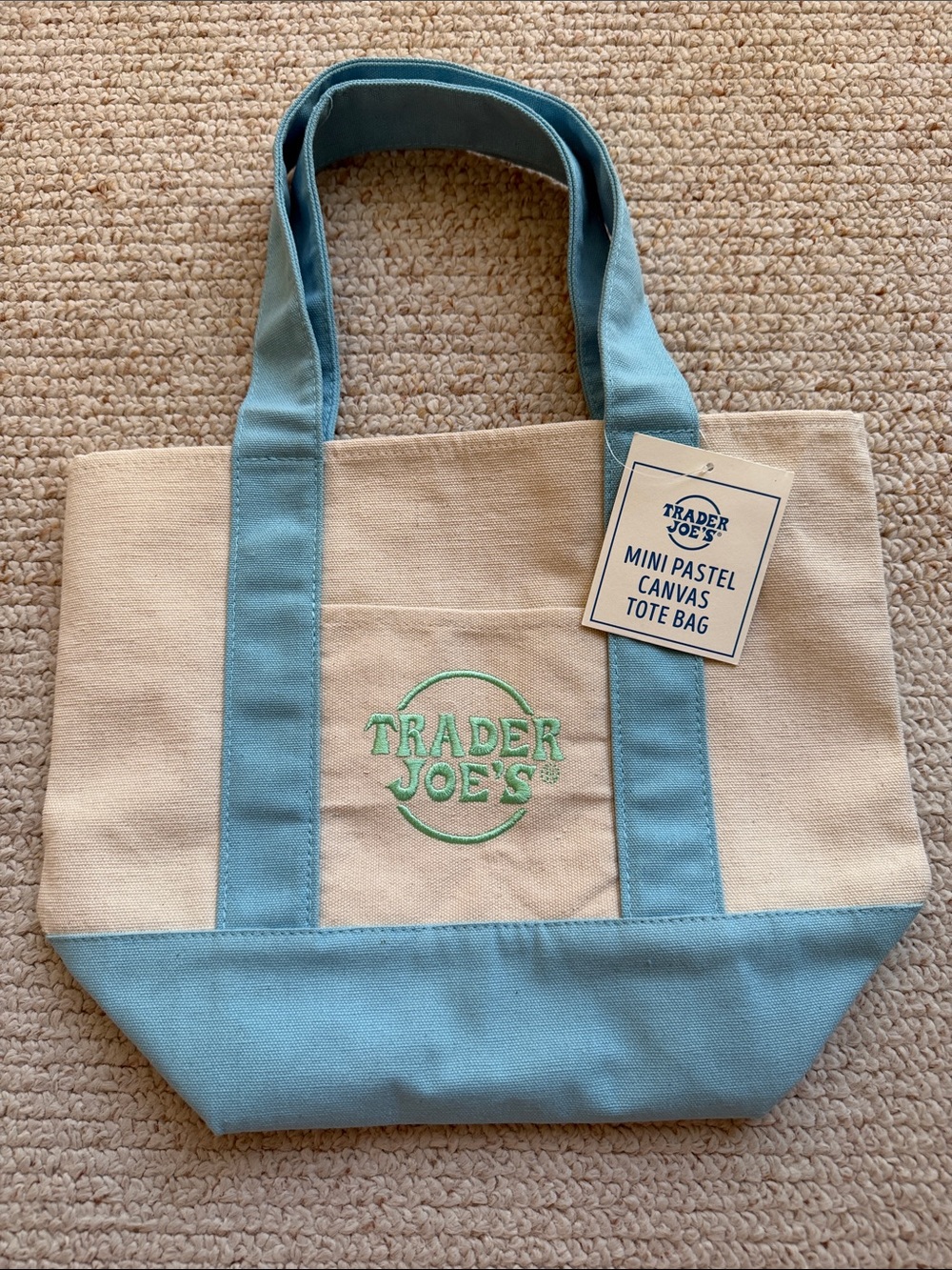 Trader Joe's Cream Canvas Tote with Light Blue Trim